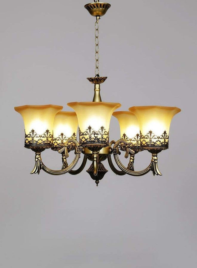 SINOMAN ثريا دائرية معلقة بالسقف من طراز سينومان البرتغالي العتيق، 5 مصابيح زجاجية، بدون لمبات (ذهبي/أصفر برتقالي)، 200 واط (تيار متردد). - Image 4